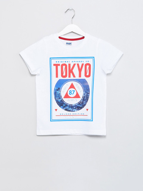 

max Boys White Printed Cotton Round Neck T-shirt
