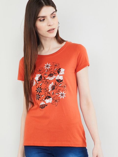 

max Women Rust Orange Printed Round Neck T-shirt