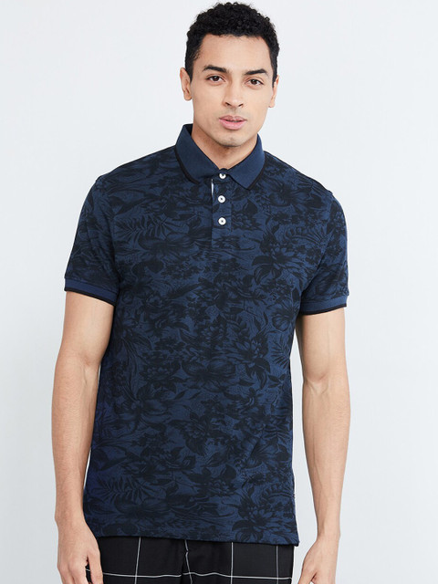 

max Men Navy Blue& Black Floral Printed Polo Collar T-shirt