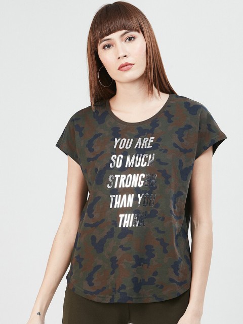 

max Women Olive Green & Brown Camouflage Print Round Neck T-shirt