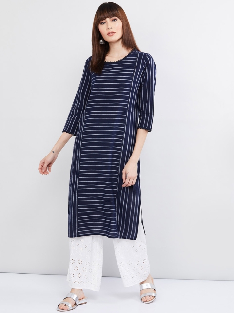 

max Women Navy Blue & White Striped Straight Kurta