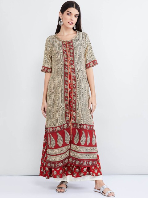 

max Women Beige & Red Floral Printed A-Line Kurta & Jacket