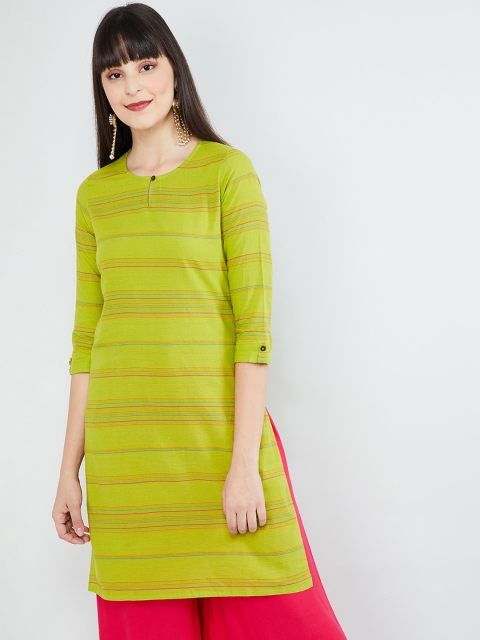 

max Women Lime Green & Red Striped Straight Kurta