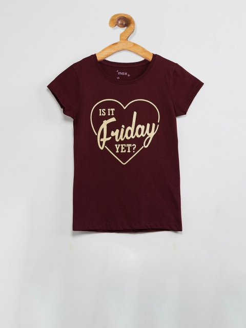 

max Girls Burgundy Printed Round Neck T-shirt