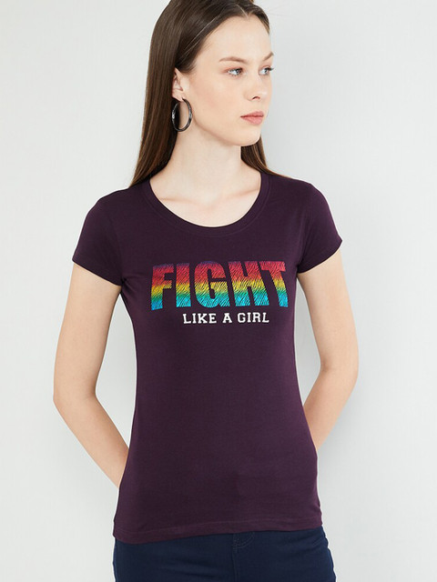 

max Women Purple Printed Round Neck T-shirt