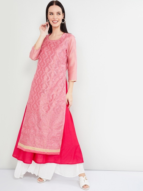 max Women Pink Woven Design Layered Straight Kurta