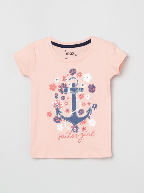 

max Girls Peach-Coloured Printed Round Neck T-shirt