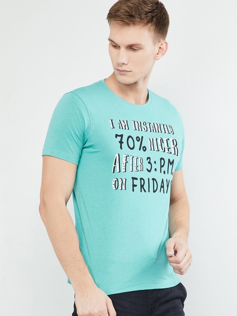 

max Men Sea Green Printed Round Neck T-shirt