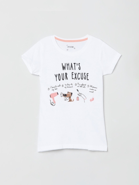 

max Girls White Printed Round Neck T-shirt