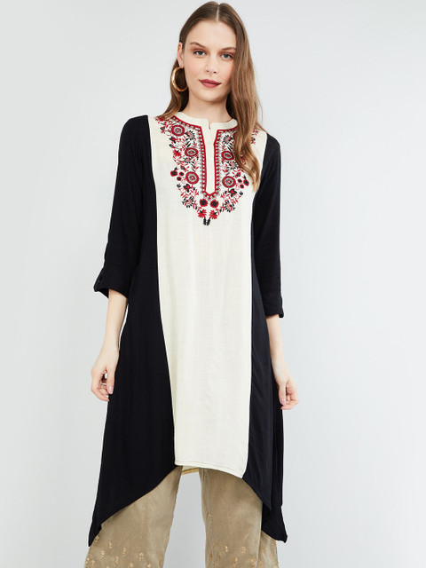 

max Women Black & Off-White Embroidered Straight Kurta