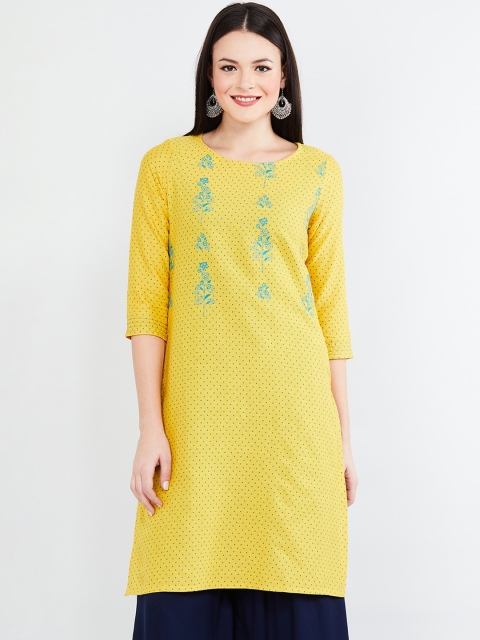 

max Women Mustard Yellow & Turquoise Blue Floral Embroidered Straight Kurta