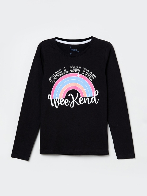 

max Girls Black Printed Round Neck T-shirt