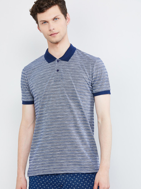 

max Men Blue Slim Fit Striped Polo Collar T-shirt