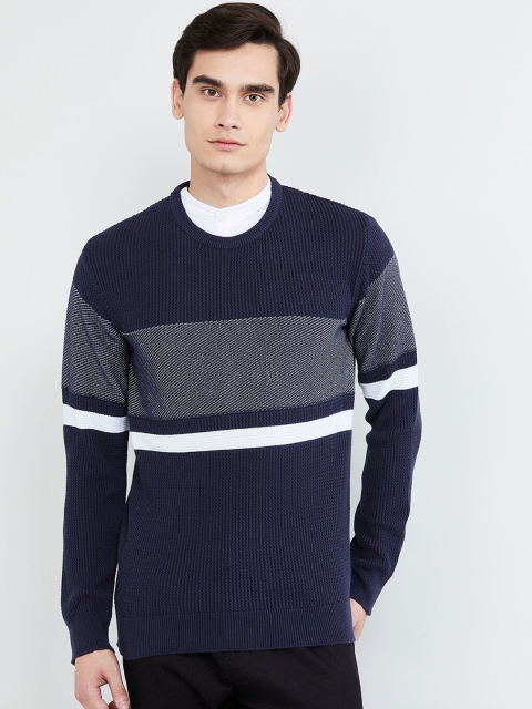 

max Men Blue & Grey Colourblocked Pullover Sweater