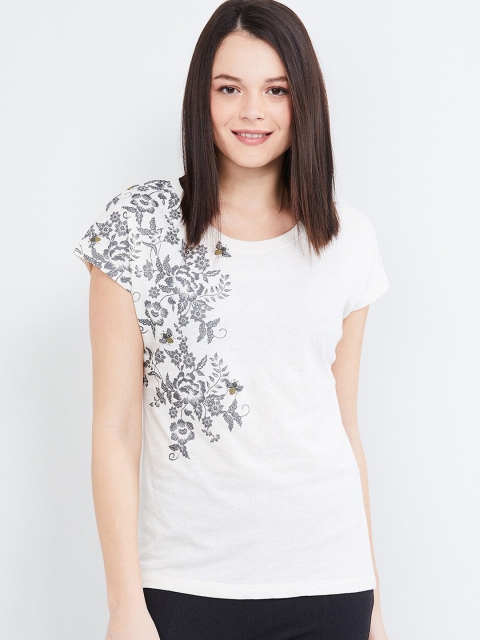 max Women Grey Melange Printed Round Neck T-shirt