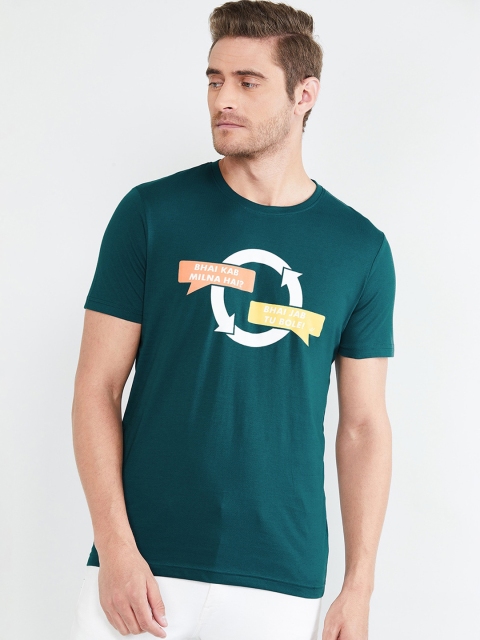 

max Men Teal Blue Printed Round Neck T-shirt