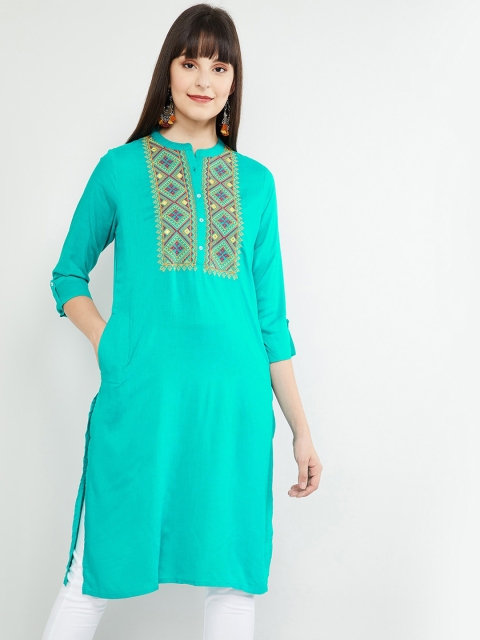 

max Women Turquoise Blue Embroidered Straight Kurta
