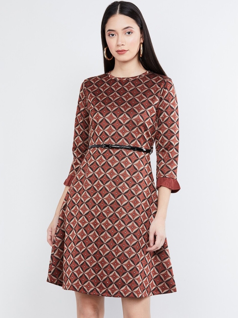 

max Women Beige Printed Fit and Flare Dress
