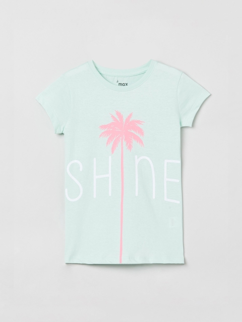 

max Girls Blue Printed Round Neck T-shirt