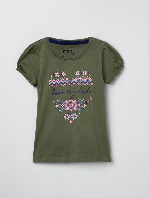

max Girls Green Printed Round Neck T-shirt