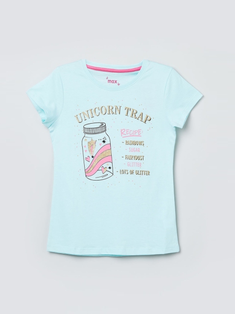 

max Girls Blue & Gold Print Glittered Round Neck T-shirt