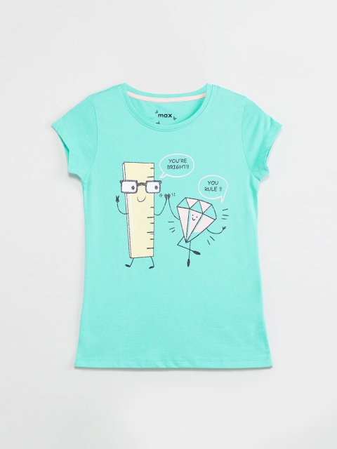 

max Girls Sea Green Printed Round Neck T-shirt
