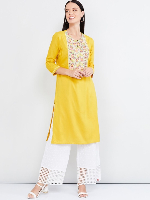 

max Women Yellow & Pink Yoke Design Straight Kurta