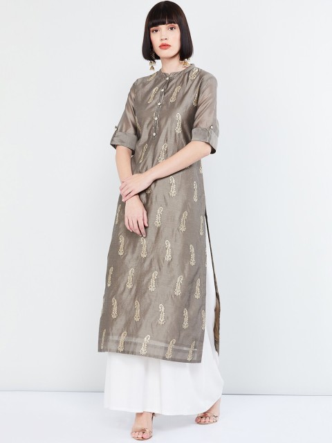 

max Women Grey & Gold-Toned Printed A-Line Kurta