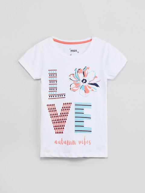 

max Girls White & Blue Printed Round Neck T-shirt