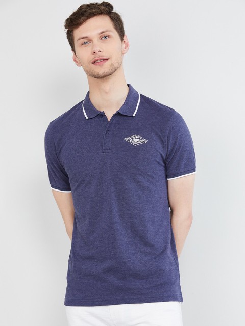 

max Men Navy Blue Solid Polo Collar T-shirt