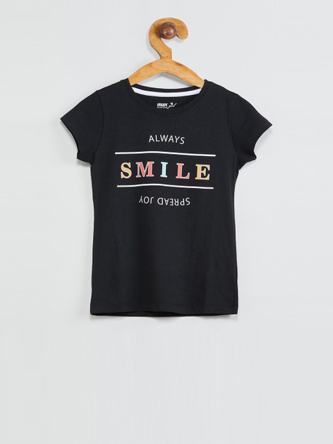 

max Girls Black Printed Round Neck T-shirt