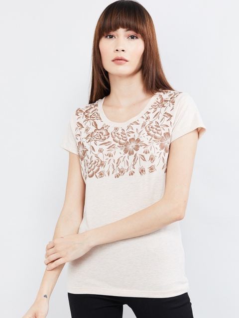 

max Women Beige Printed Round Neck T-shirt