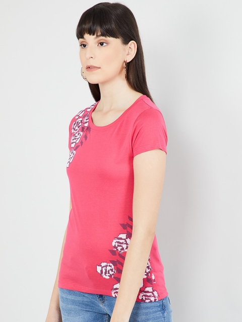 

max Women Coral Pink Printed Round Neck T-shirt