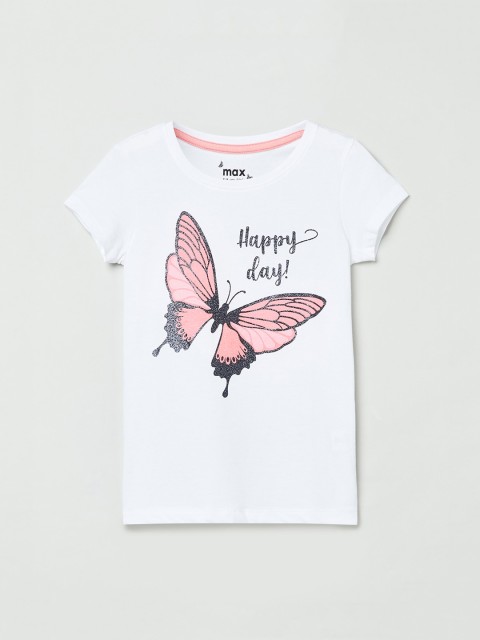 

max Girls White Printed Round Neck T-shirt