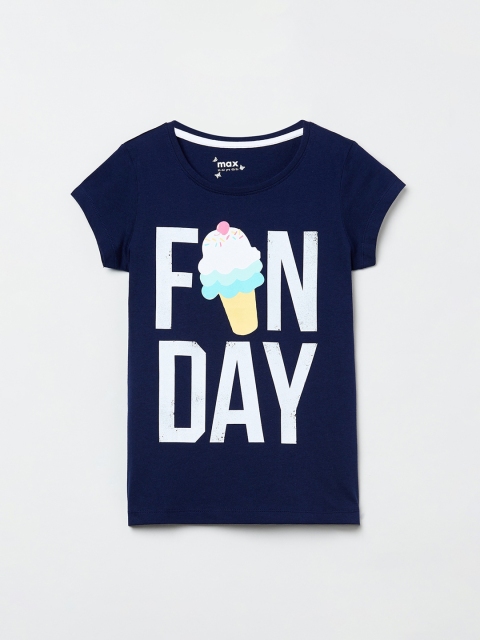 

max Girls Navy Blue & White Printed Round Neck T-shirt
