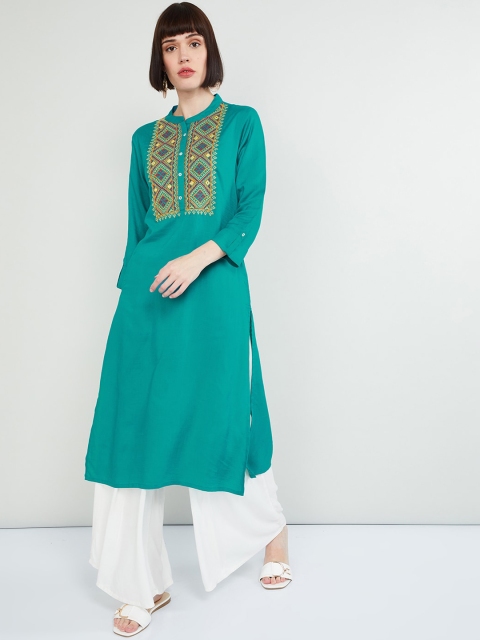 

max Women Sea Green Yoke Design Straight Kurta