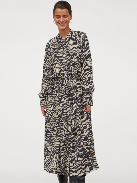 

H&M Women Black & Beige Printed Long Shirt Dress