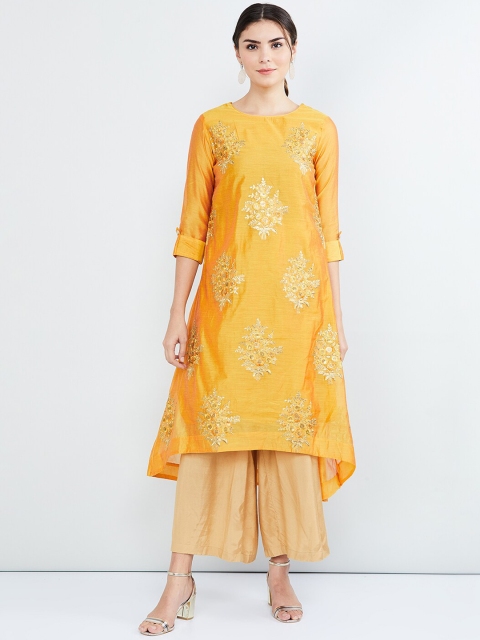 

max Women Mustard Yellow & Gold-Coloured Embellished A-Line Kurta