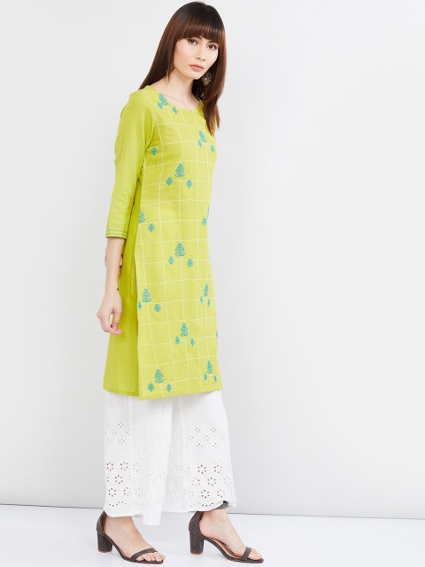 

max Women Lime Green & Turquoise Blue Floral Embroidered Straight Kurta