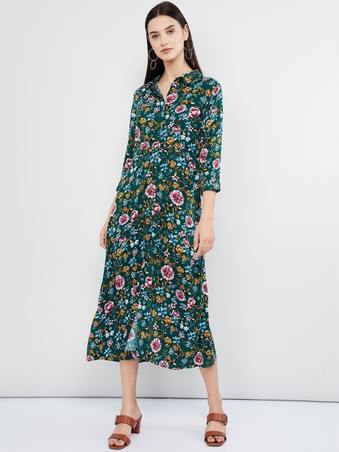 

max Women Green & Pink Floral Printed A-Line Dress