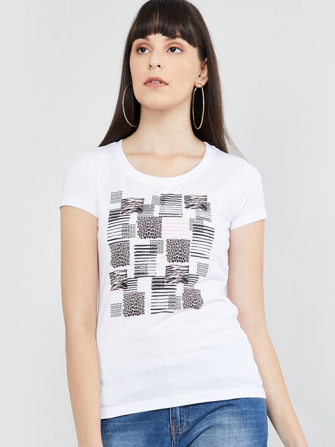 max Women White Printed Round Neck T-shirt