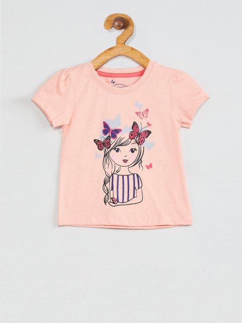 

max Girls Peach-Coloured & Blue Printed Round Neck T-shirt