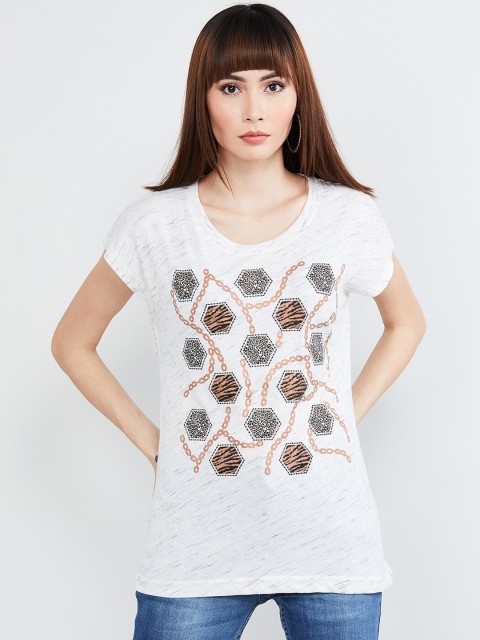 

max Women Grey Melange Printed Round Neck T-shirt