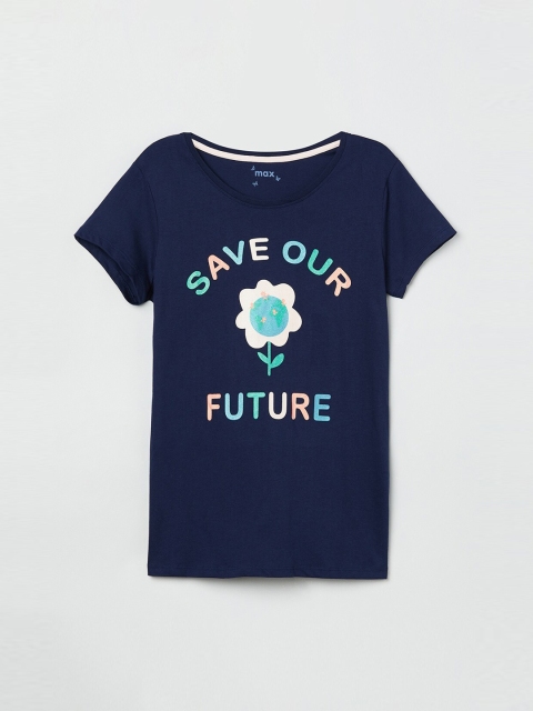 

max Girls Blue Printed Round Neck T-shirt