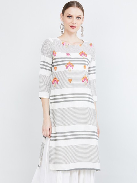 

max Women Off-White & Grey Striped Straight Kurta