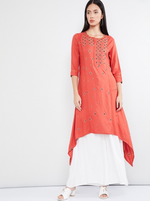 max Women Orange & Navy Blue Mirror Work Straight Kurta