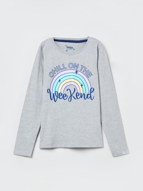 

max Girls Grey & Blue Printed Round Neck T-shirt