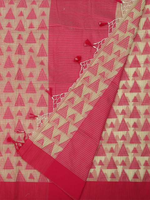 

Pothys Cream-Coloured & Pink Jute Cotton Woven Design Manipuri Saree