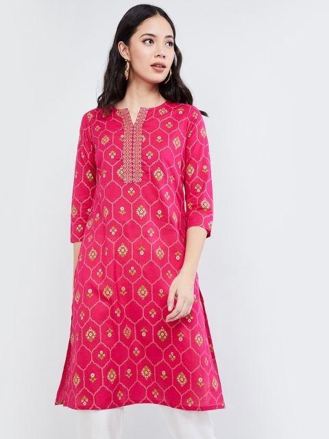 

max Women Fuchsia & Gold Floral Print Straight Kurta