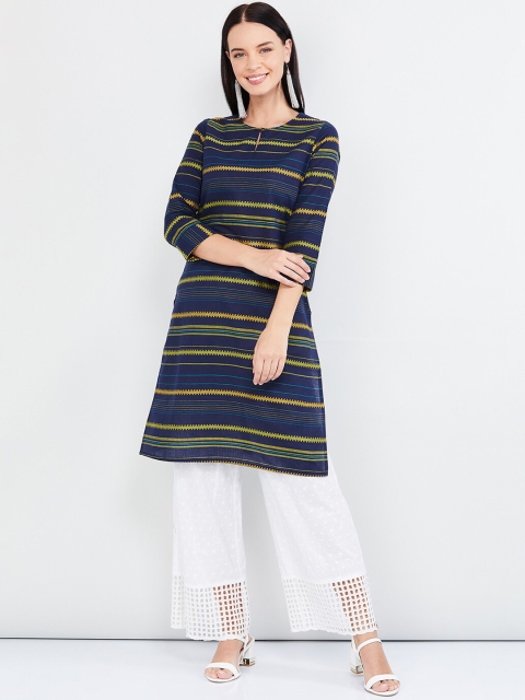 

max Women Navy Blue & Yellow Striped Straight Kurta